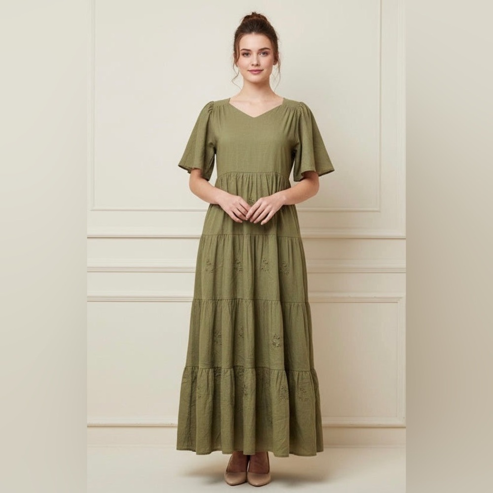 Olive Tiered V-Neck Maxi Dress with Flutter Sleeves